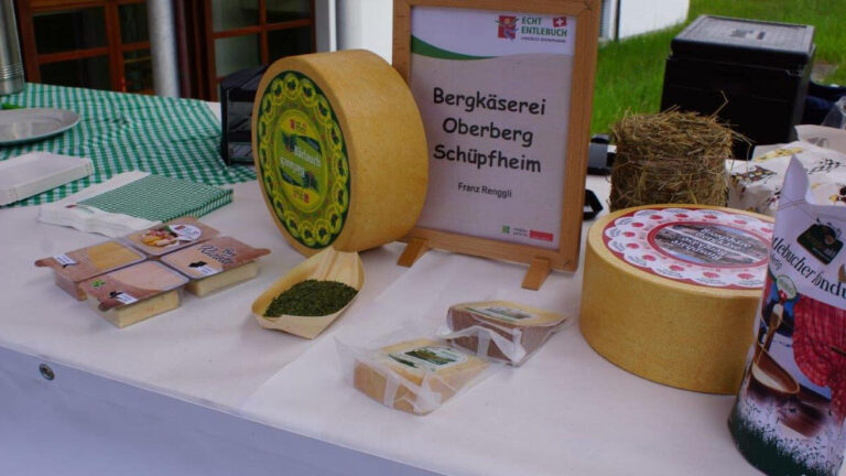 Kaeseleibe Von Der Bergkaeserei Oberberg Auf Einem Tisch Ausgestellt